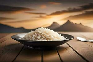 arroz dentro uma tigela em uma de madeira mesa. gerado por IA foto