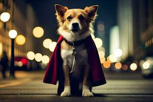 uma cachorro vestido Como uma Super heroi dentro uma capa. gerado por IA foto