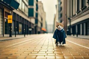 uma gato vestindo uma azul casaco em pé em uma rua. gerado por IA foto