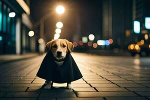 uma cachorro vestindo uma capa em uma cidade rua às noite. gerado por IA foto