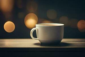 uma copo do café em uma mesa dentro frente do uma borrado fundo. gerado por IA foto