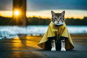 uma gato vestindo uma amarelo capa de chuva sentado em a chão. gerado por IA foto