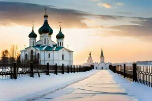 uma Igreja dentro a neve com uma cerca e uma estrada. gerado por IA foto