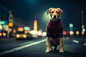 uma cachorro vestindo uma Jaqueta em a rua às noite. gerado por IA foto
