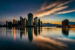 a cidade Horizonte às pôr do sol com água e nuvens. gerado por IA foto