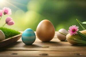 Páscoa ovos e flores em uma mesa. gerado por IA foto