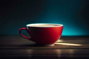uma vermelho copo do café em uma de madeira mesa. gerado por IA foto