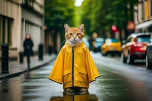 uma gato vestindo uma capa de chuva em uma chuvoso dia. gerado por IA foto