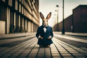 uma Coelho vestido dentro uma terno e gravata senta em a rua. gerado por IA foto
