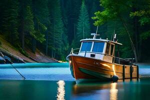 uma barco é ancorado dentro a meio do uma lago. gerado por IA foto