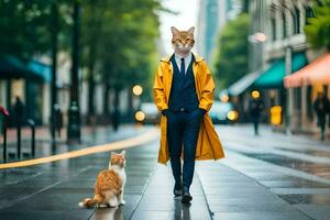 uma homem dentro uma amarelo capa de chuva e terno caminhando com uma gato. gerado por IA foto