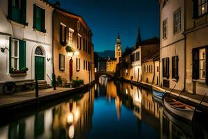 uma canal dentro uma cidade às noite com barcos e edifícios. gerado por IA foto