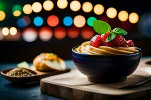 uma tigela do Macarrão com morangos e hortelã em uma de madeira corte borda. gerado por IA foto