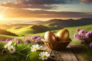 dourado ovos dentro uma cesta em uma colina. gerado por IA foto