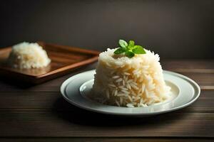 arroz em uma prato com hortelã folhas. gerado por IA foto