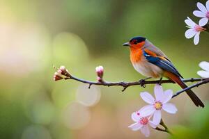 uma pequeno pássaro senta em uma ramo com flores gerado por IA foto