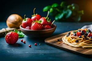 espaguete com tomates e manjericão em uma de madeira borda. gerado por IA foto