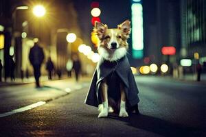 uma cachorro vestindo uma capa em a rua às noite. gerado por IA foto