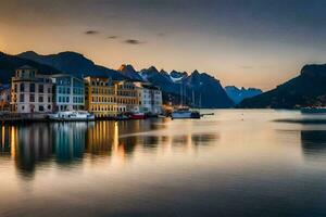 a lindo cidade do fiorde dentro Noruega. gerado por IA foto