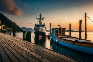 dois barcos ancorado às a doca às pôr do sol. gerado por IA foto