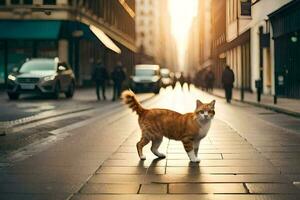 uma gato caminhando baixa uma cidade rua. gerado por IA foto