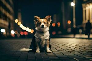 uma cachorro sentado em a rua às noite. gerado por IA foto