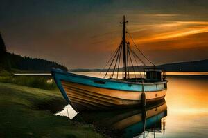 uma barco senta em a costa às pôr do sol. gerado por IA foto