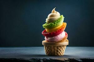 gelo creme dentro uma cone com colorida coberturas. gerado por IA foto