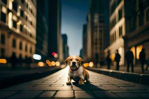 uma cachorro sentado em a rua dentro uma cidade às noite. gerado por IA foto