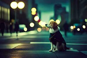 uma cachorro sentado em a rua às noite. gerado por IA foto