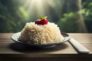 uma prato do arroz com uma morango em topo. gerado por IA foto