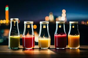 cinco garrafas do suco em uma mesa com cidade luzes dentro a fundo. gerado por IA foto