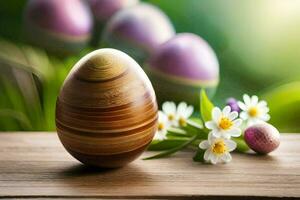 Páscoa ovos em uma mesa com flores gerado por IA foto