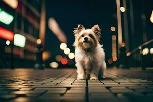 uma pequeno cachorro é em pé em uma tijolo passarela às noite. gerado por IA foto