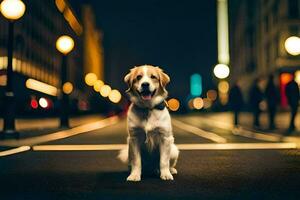 uma cachorro sentado em a rua às noite. gerado por IA foto