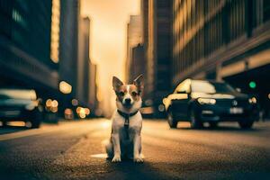 uma cachorro sentado em a rua dentro a cidade. gerado por IA foto