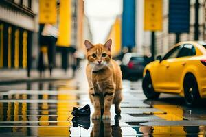 uma gato em pé em uma molhado rua Próximo para uma amarelo carro. gerado por IA foto