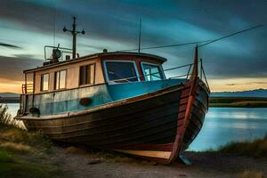 uma barco senta em a costa às pôr do sol. gerado por IA foto