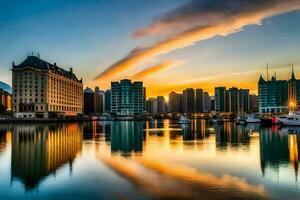 a cidade Horizonte é refletido dentro a água às pôr do sol. gerado por IA foto