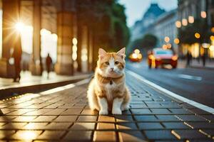 uma gato sentado em a rua às pôr do sol. gerado por IA foto