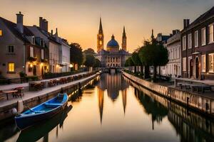 uma canal dentro a meio do uma cidade com edifícios e uma igreja. gerado por IA foto