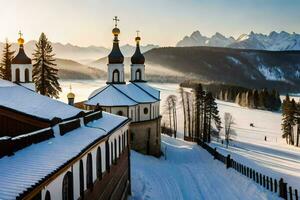 uma Igreja dentro a neve com montanhas dentro a fundo. gerado por IA foto