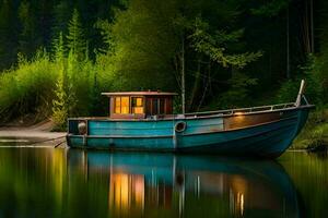 uma barco senta em a costa do uma rio às noite. gerado por IA foto
