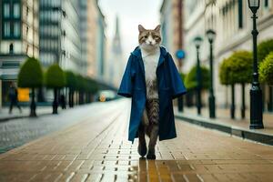 uma gato dentro uma azul casaco caminhando baixa uma rua. gerado por IA foto