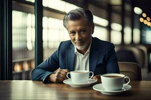 uma homem dentro uma terno sentado às uma mesa com dois copos do café. gerado por IA foto