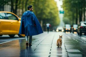 uma homem dentro uma azul capa de chuva caminhando baixa uma rua com uma gato. gerado por IA foto