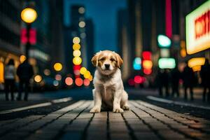 uma cachorro senta em a rua dentro frente do uma cidade às noite. gerado por IA foto