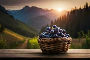 uvas dentro uma cesta em uma de madeira mesa dentro a montanhas. gerado por IA foto