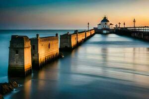 uma grandes exposição fotografia do uma farol às pôr do sol. gerado por IA foto