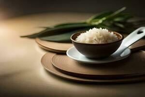 uma tigela do arroz em uma prato com uma colher. gerado por IA foto